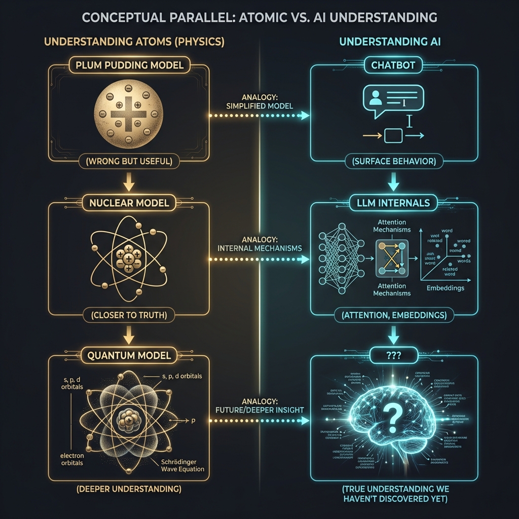 Conceptual parallel between understanding atoms and understanding AI, showing similar progressions from simplified models to deeper understanding