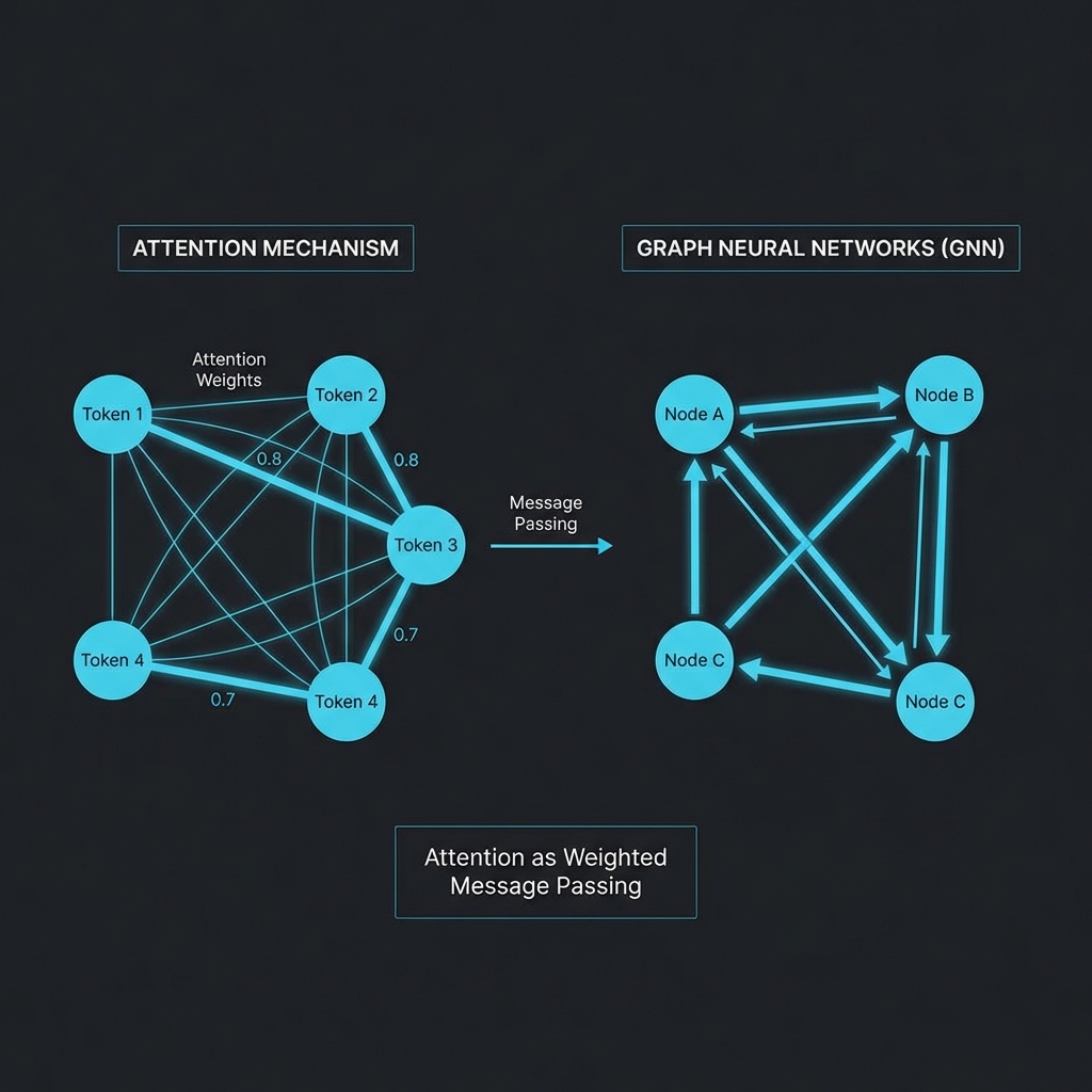 Attention mechanism visualized as message passing on a graph with weighted edges