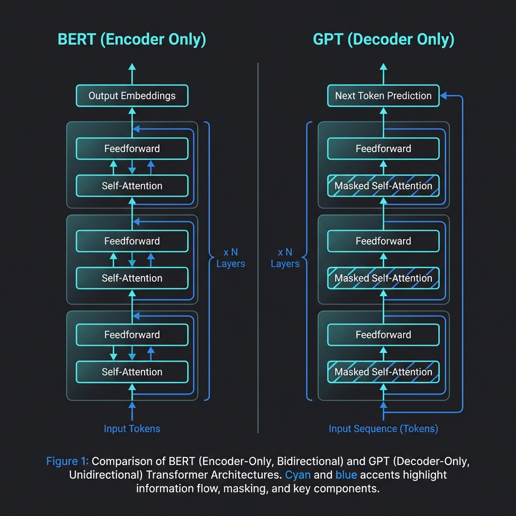 BERT encoder-only architecture vs GPT decoder-only architecture comparison