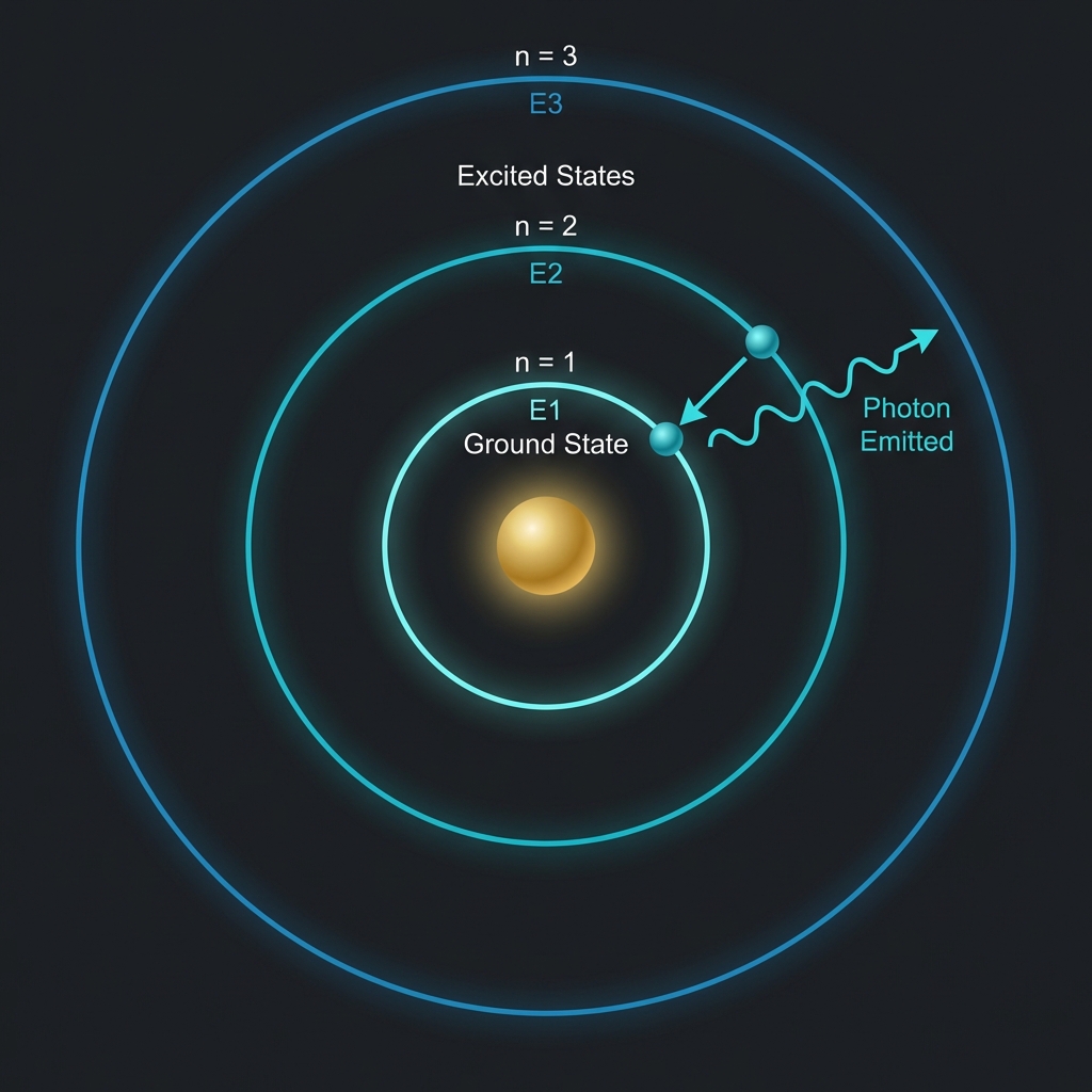 Bohr's quantum model showing discrete electron energy levels with photon emission