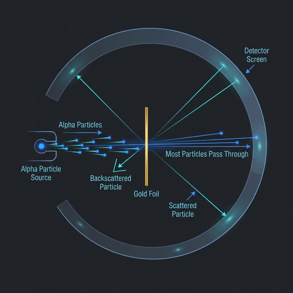 Rutherford's gold foil experiment showing alpha particles being fired at gold foil, with most passing through but some scattering dramatically