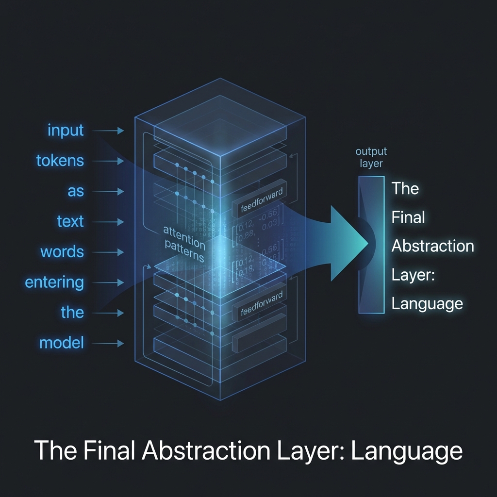 LLM architecture showing input tokens, complex internal processing, and constrained language output