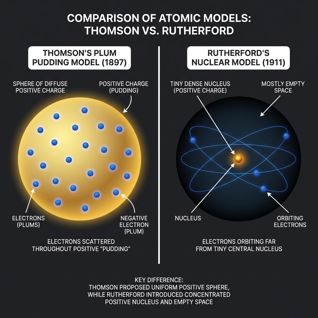 Comparison of Thomson's plum pudding model versus Rutherford's nuclear model