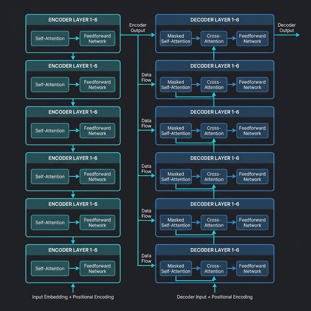 Transformer architecture showing 6 encoder and 6 decoder layers with self-attention, cross-attention, and feedforward networks